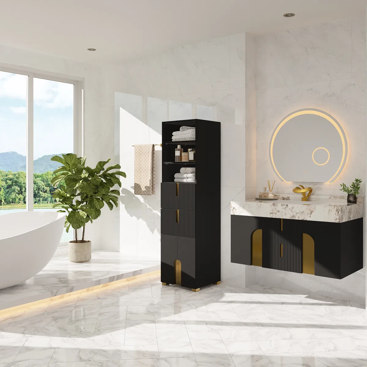 Artis 59" Bathroom Storage Cabinet – Freestanding Linen Tower with 2 Drawers & 2 Doors — image 4