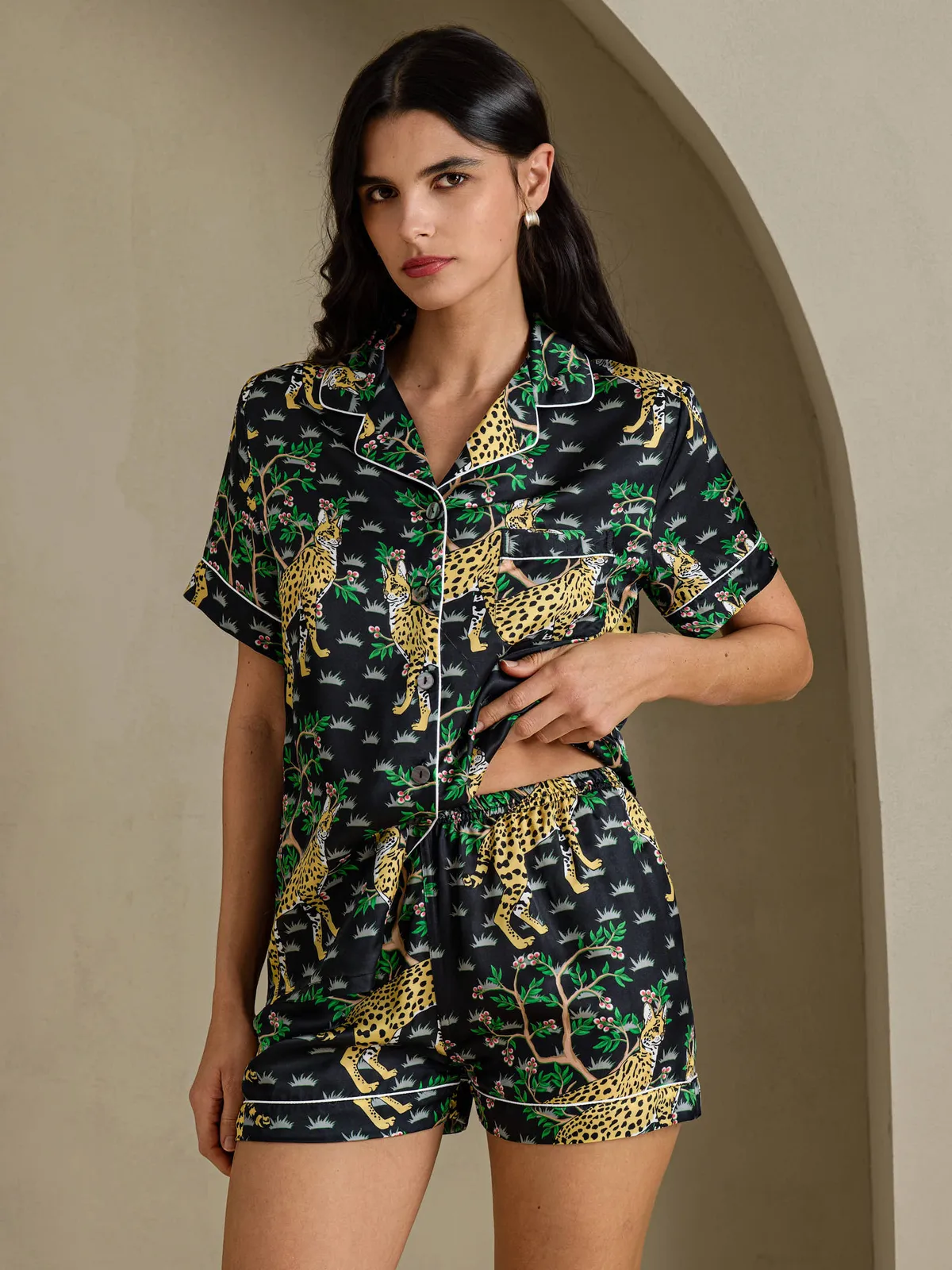 100% Mulberry Silk Women's Lynx Print Short Sleeve Pajama Set — image 4