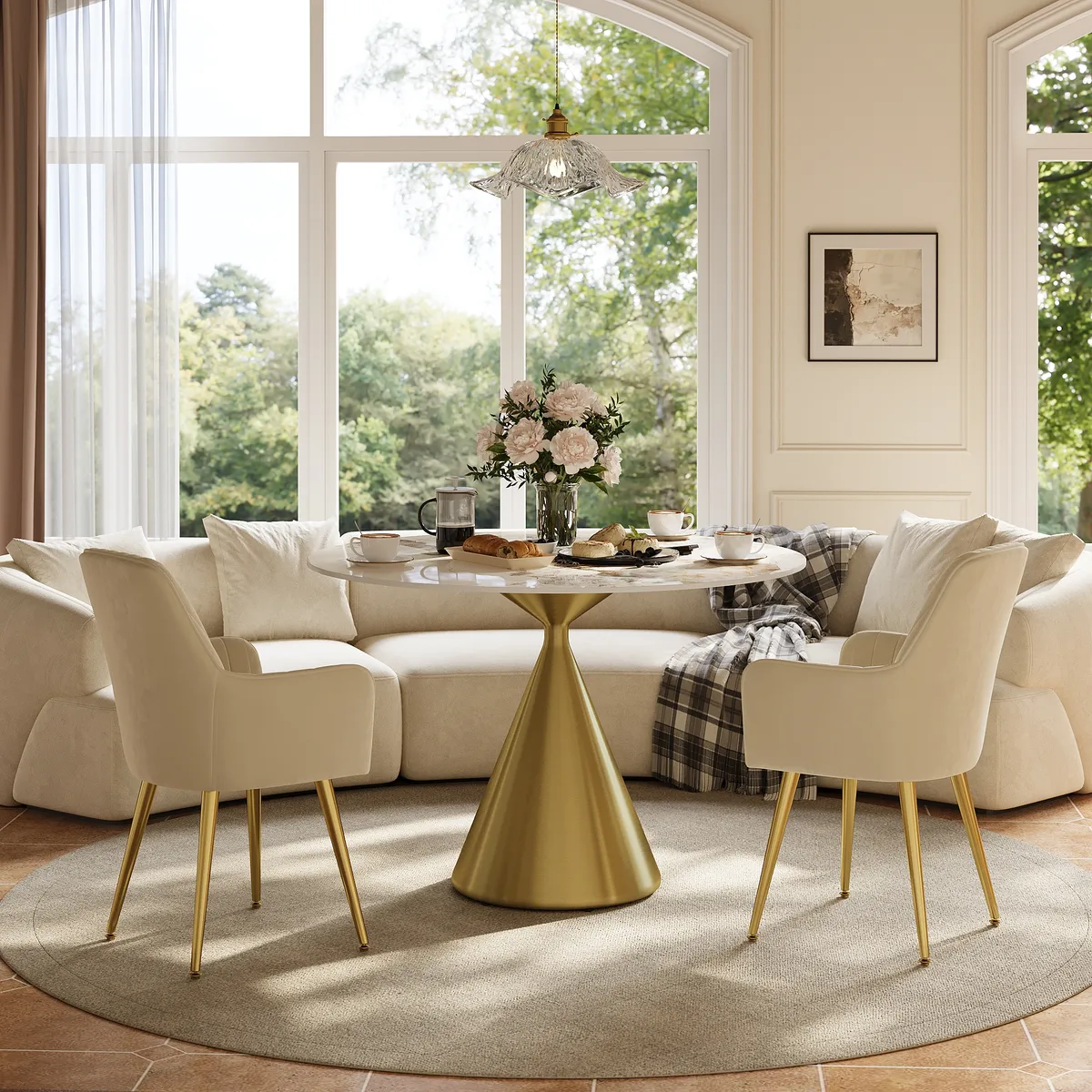 39" Pandora Faux Marble Round Dining Table with Glossy Gold Base for 4 People — image 4