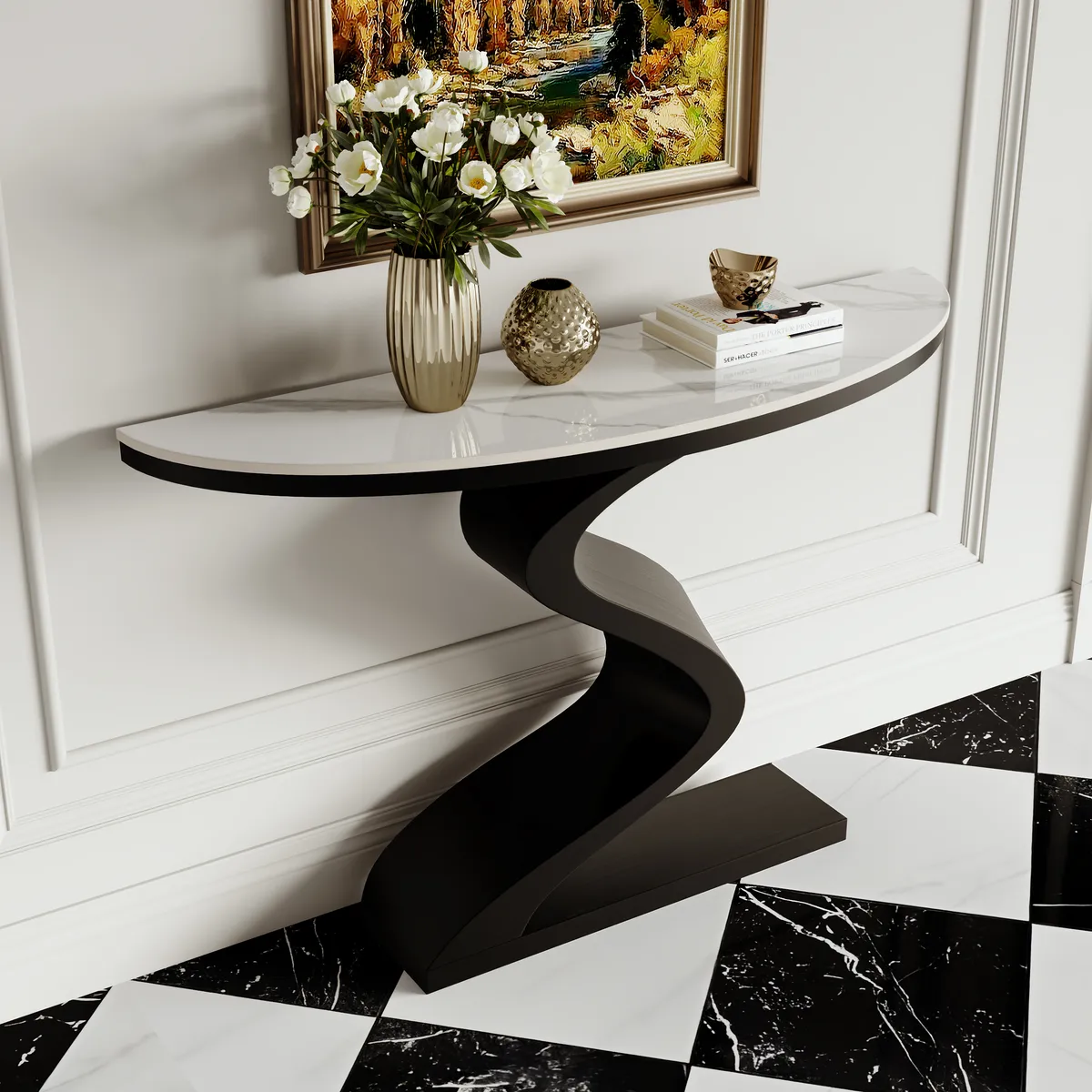 Curved Console Table with Sintered Stone Top Half Moon Shape Entryway Furniture — image 12
