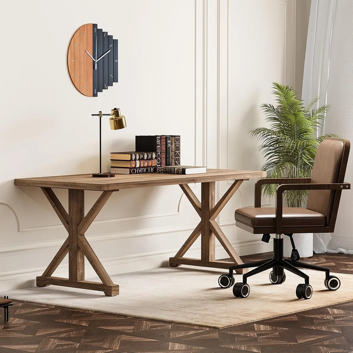 Vintage Style Pine wood Office Writing Desk with Trestle Leg in Natural Farmhouse Home Office Furniture Rectangular — image 15