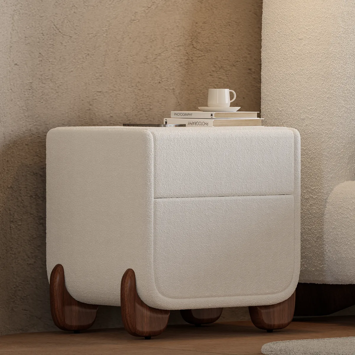 Curva Smart Boucle Nightstand with Wood Legs 2-Drawer Bedside Table
