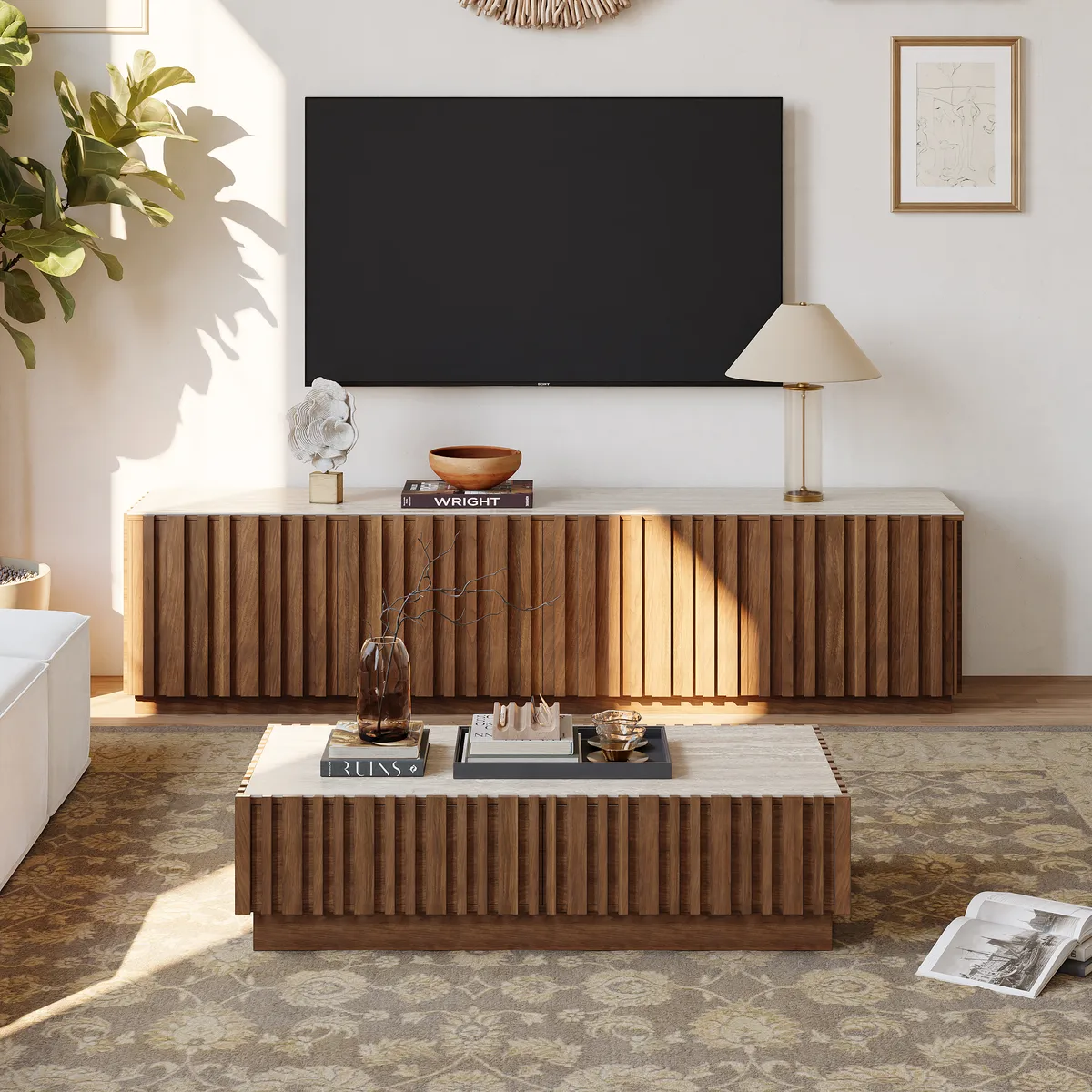 Aura TV Stand Set of Ash Wood Slatted TV Stand & Coffee Table with Sintered Stone Top — image 3