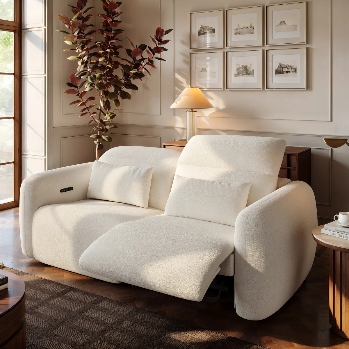 Homary Modern 123" 3-Seater Chenille Zero Gravity Power Reclining Sofa with USB Port in Warm