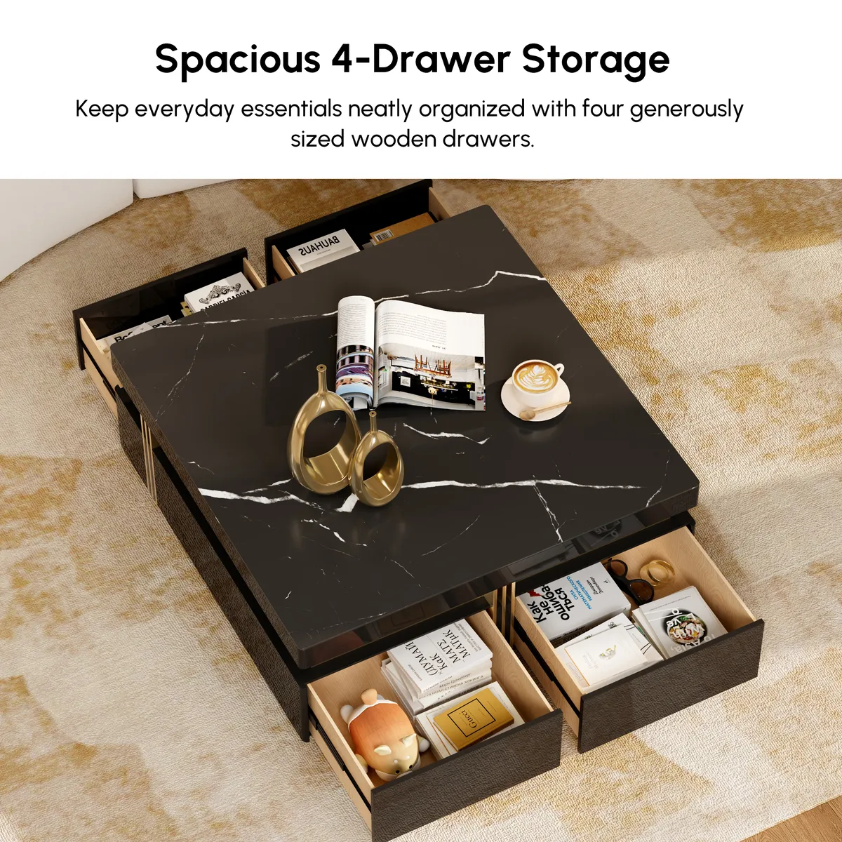Trimied 43" Modern Black Square Storage Coffee Table Stone Top & 4 Wood Drawers — image 7