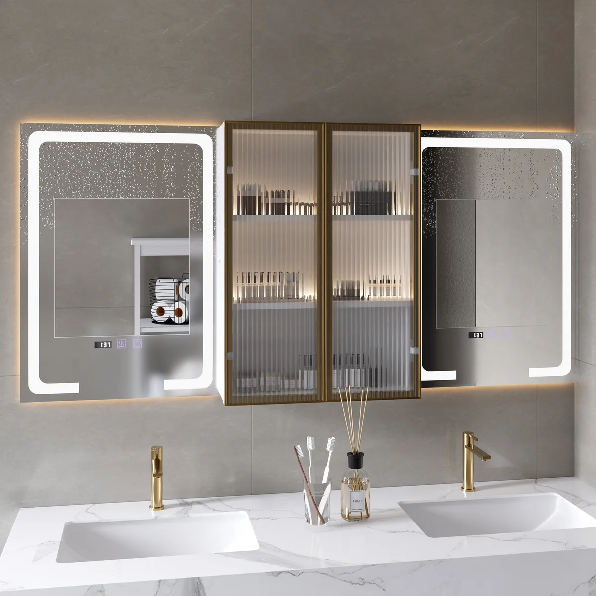 59" Double Sink Floating Vanity Set with LED Medicine Cabinet with Storage — image 4