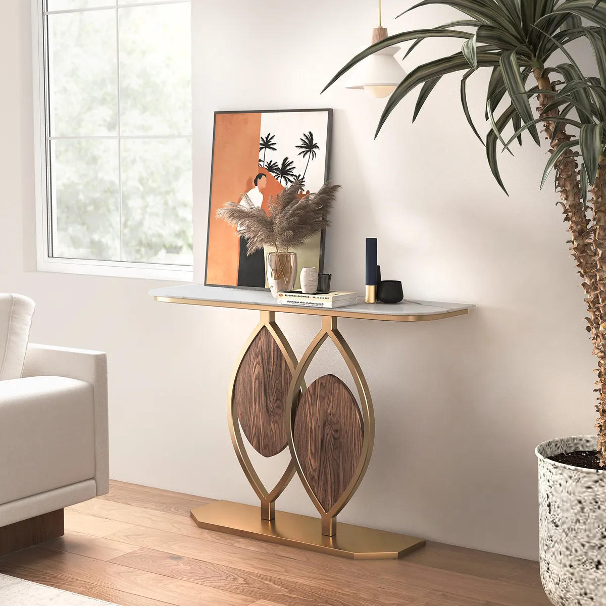 39.4" White Console Table Wooden Accent Table For Entryway with Sintered Stone Top & Abstract Base in Rose Gold & Walnut Finish — image 4
