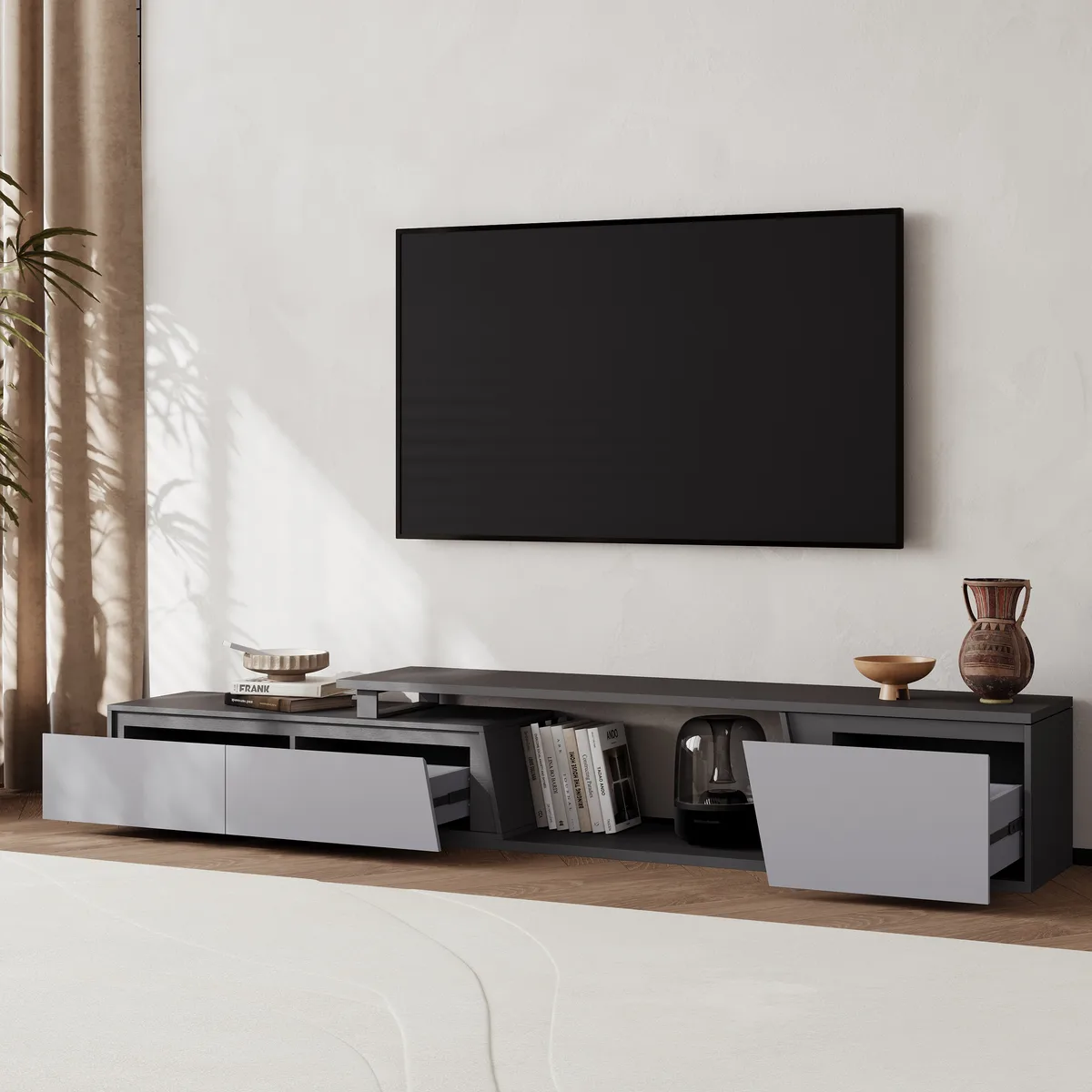 Fero Minimalist Rectangle Gray Extendable TV Stand with 3 Drawers Up — image 13