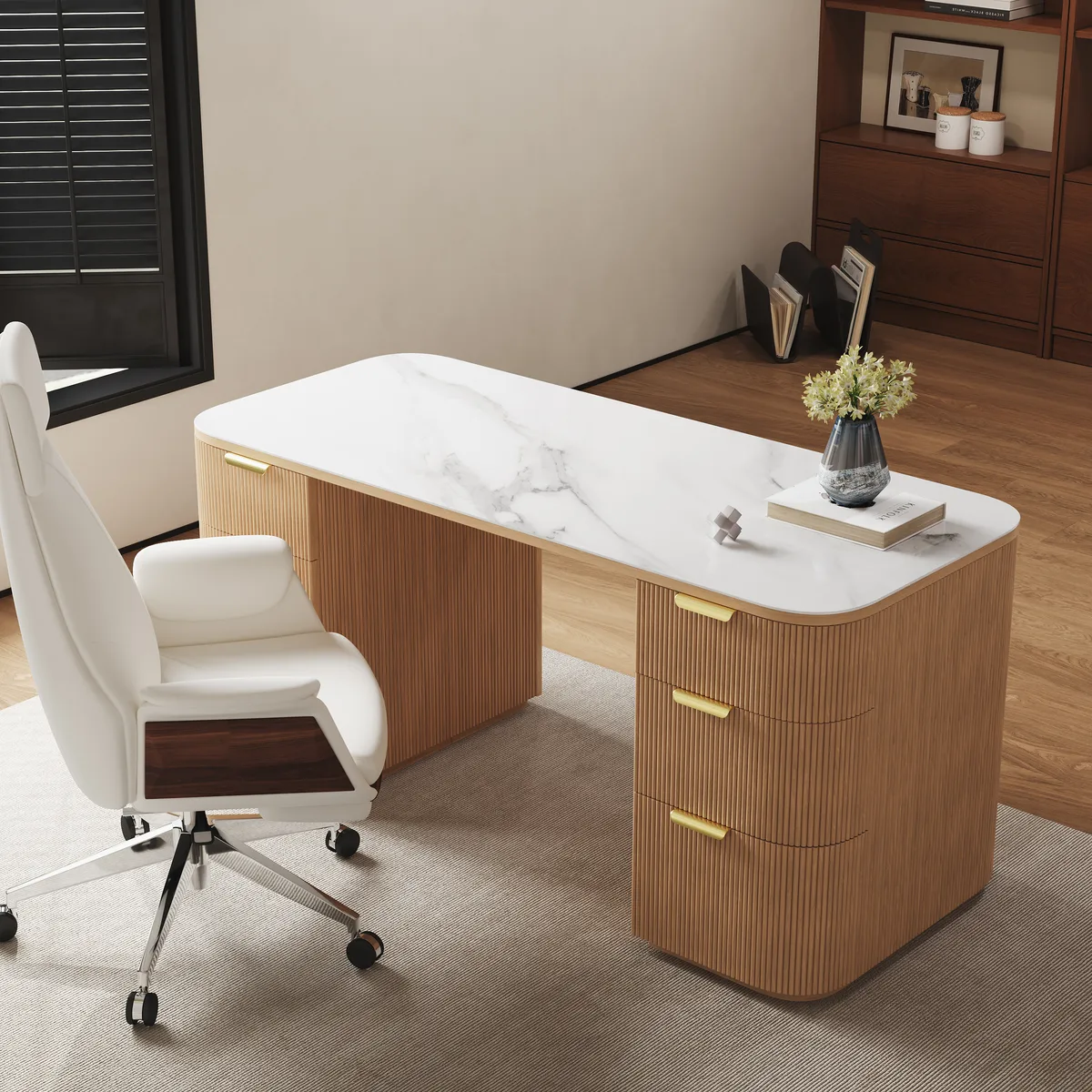 Walnut Ash Wood & Sintered Stone Rectangle Desk with 6 Drawers (63.8") — image 7