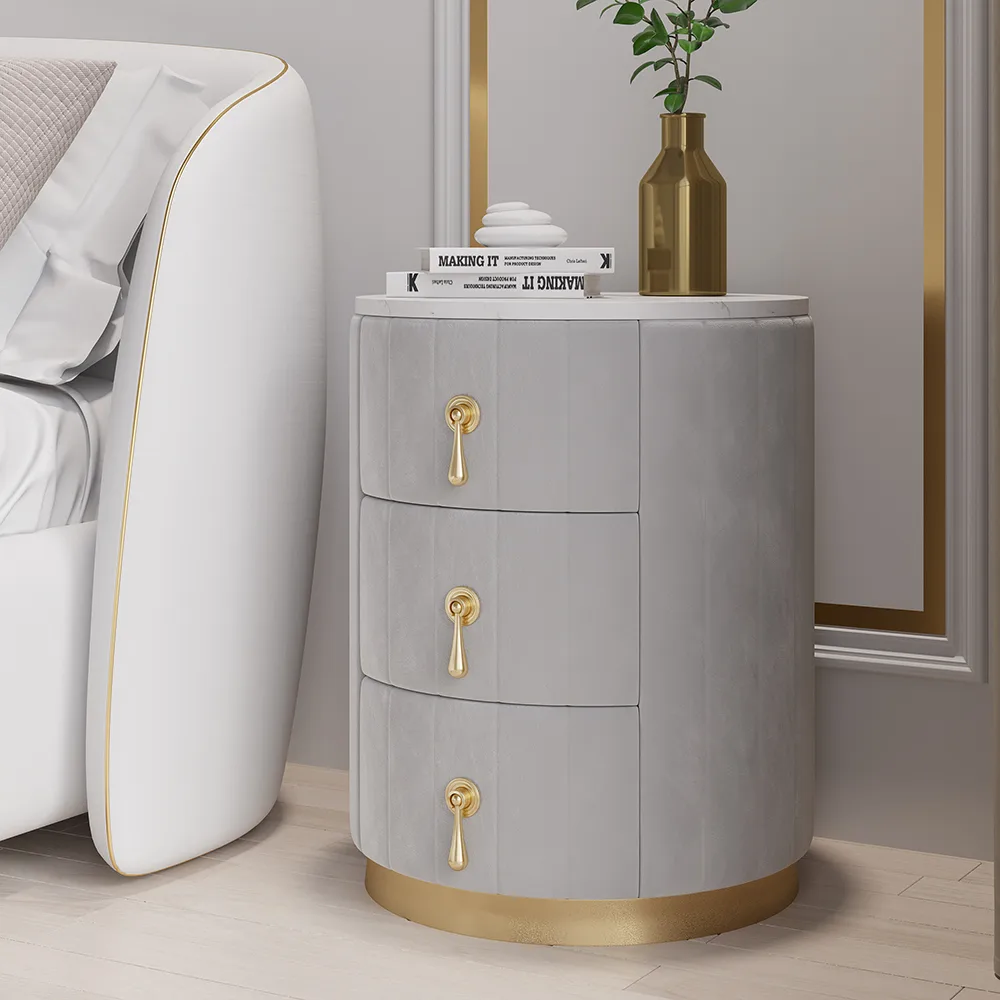 Modern Nightstand Gray Round Nightstand with 3 Drawers Nightstand with Storage — image 12