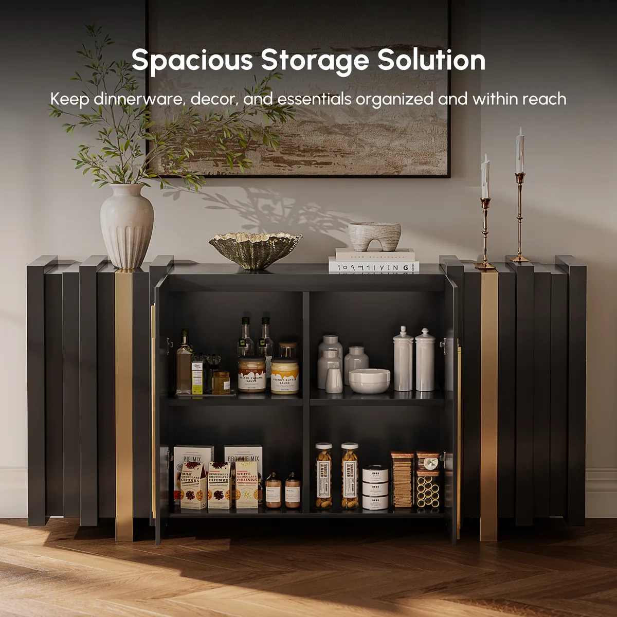 Aurea 63" Light Luxury Sideboard Black Rectangular Buffet with 2 Doors 2 Shelves — image 4