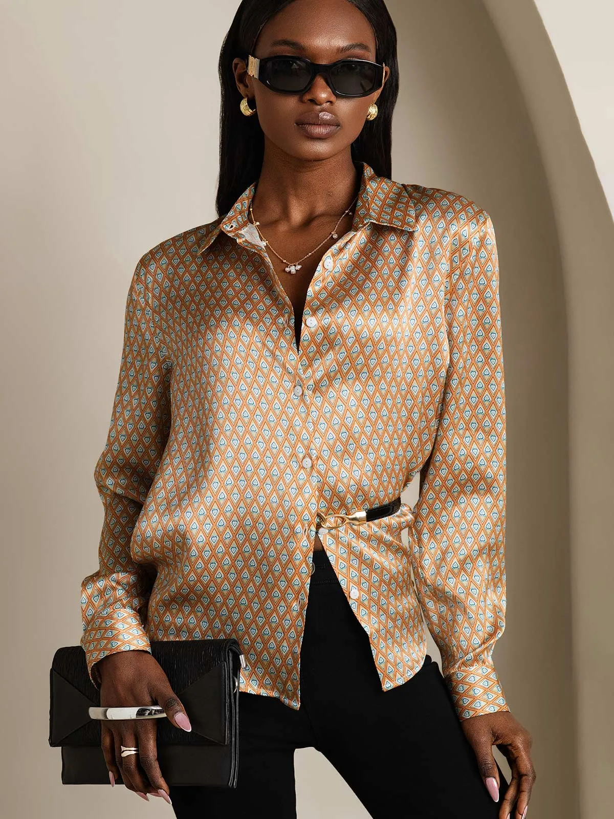 19Momme Silk Geometric Print Long Sleeve Lapel Collar Women's Shirt — image 3