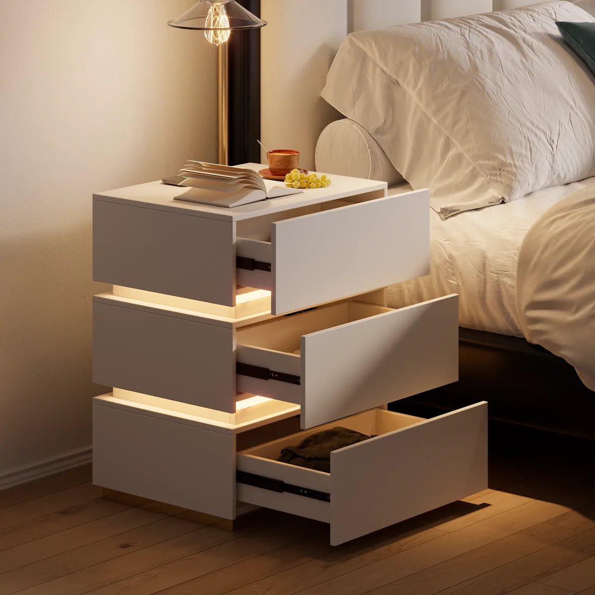 Smart 3-Drawer Nightstand with Charging Station Bedside Table with Light — image 14