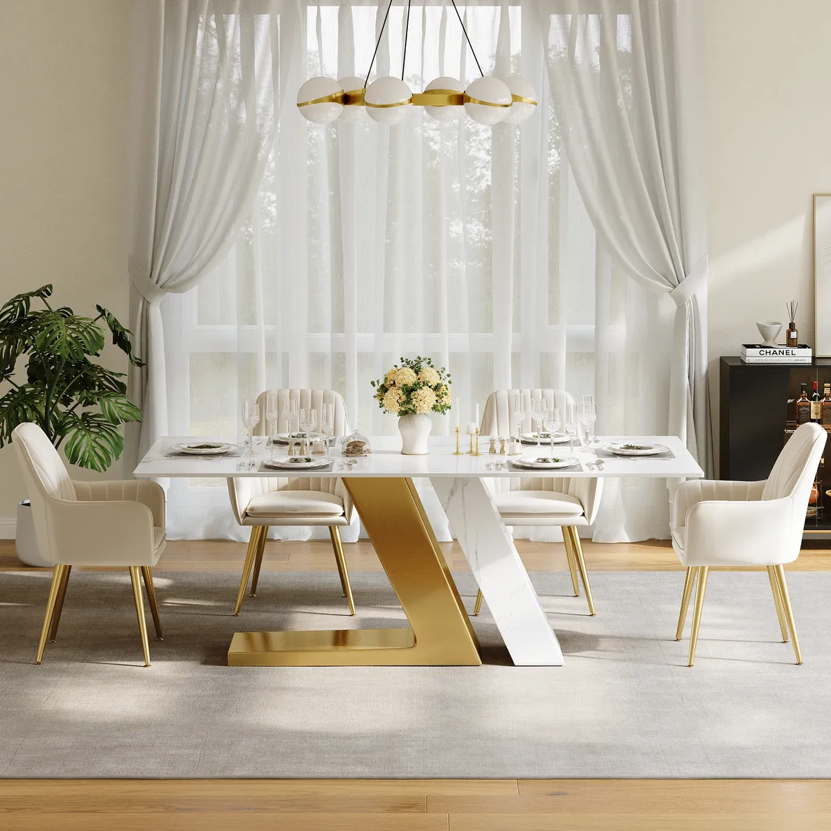 Modern 63" Rectangle Faux Marble Dining Table with 4 Chairs — image 14