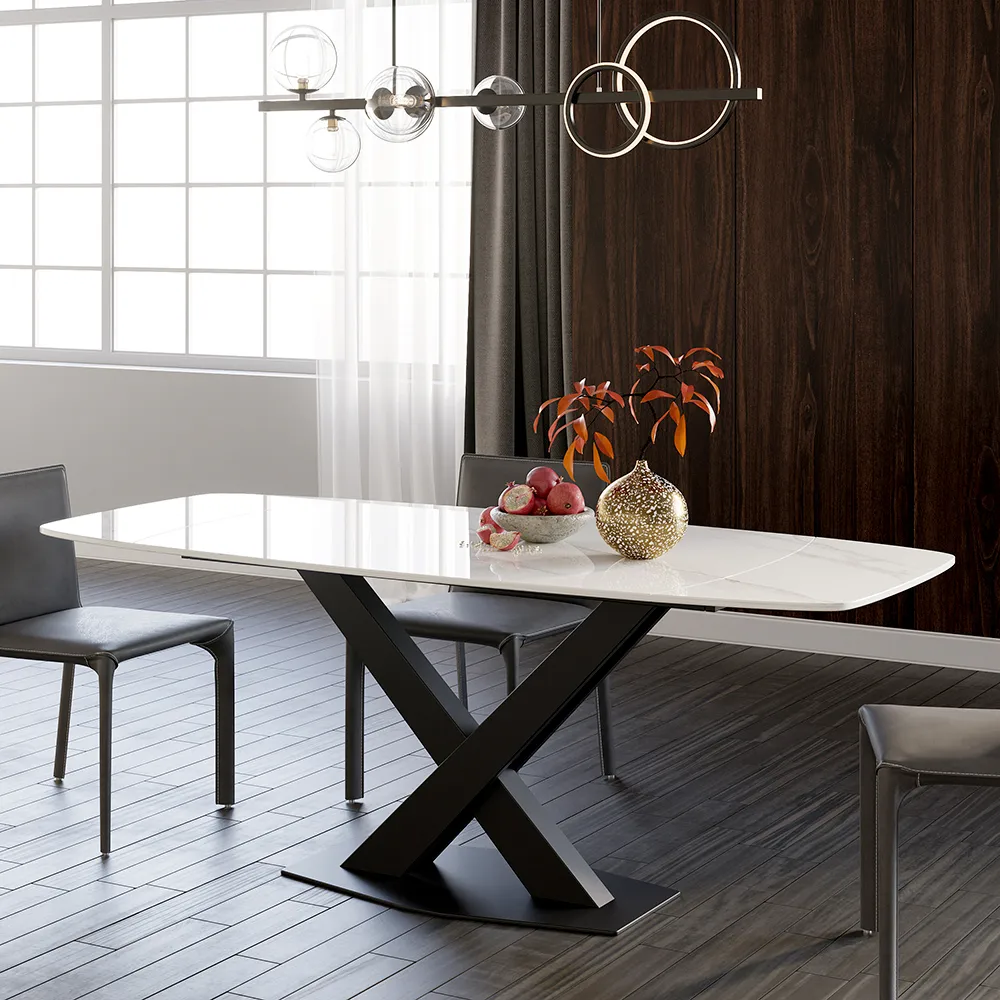 71" Extendable Dining Table Faux Marble Top with Leaf X-Base for 6 Person Modern White Expandable Table — image 3