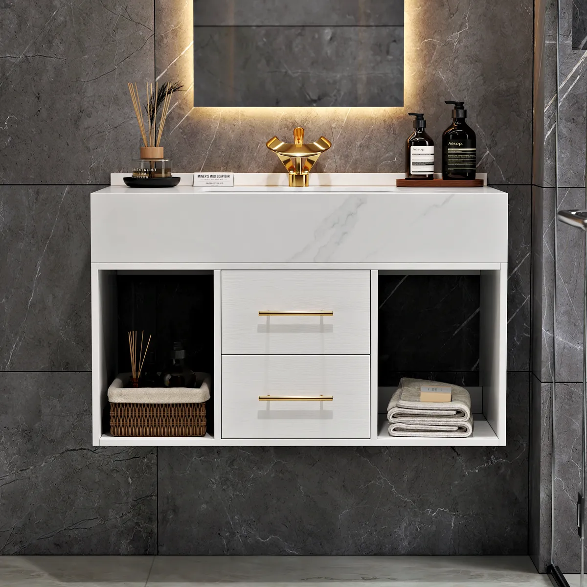 35.4" Floating Bathroom Vanity with Cultured Marble Vessel Sink with 2 Drawers — image 12