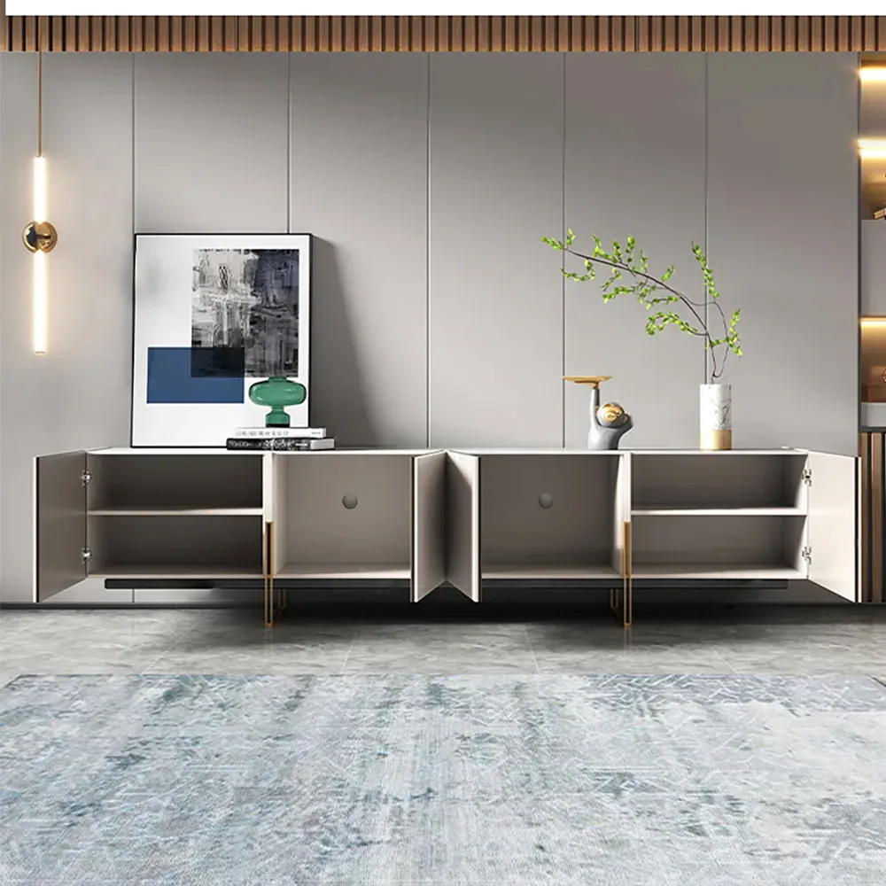 94.5" Living Room Cabinet Set Black TV Stand & Round Glass Nesting Coffee Table with Storage — image 5