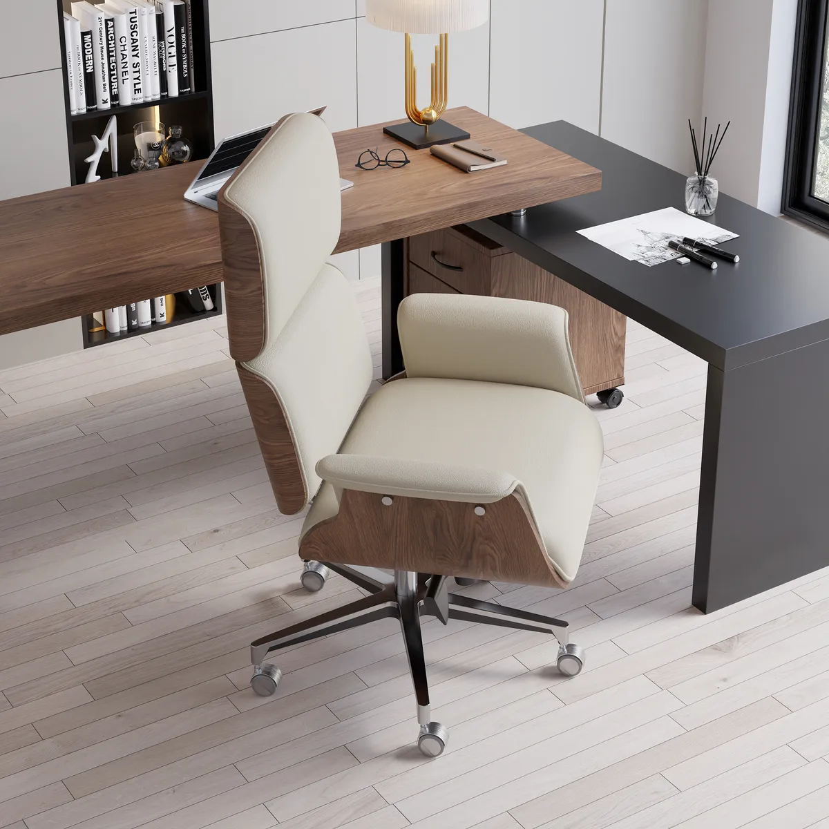 Modern Off White Home Office Chair Upholstered Swivel Task Office Chair High Back — image 14
