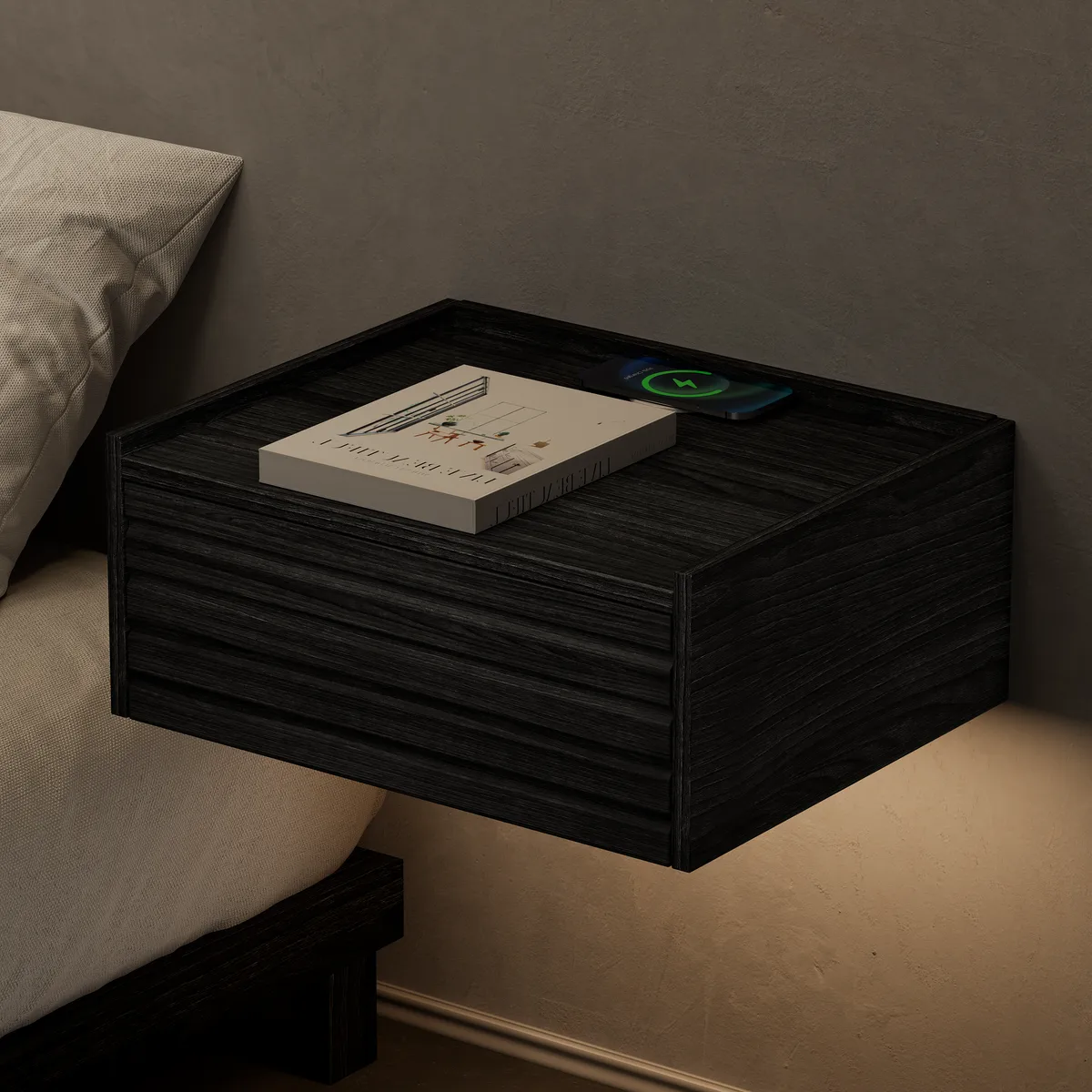 Wooden Floating Nightstand Modern Bedside Table with Charging Station Japanese Style — image 9
