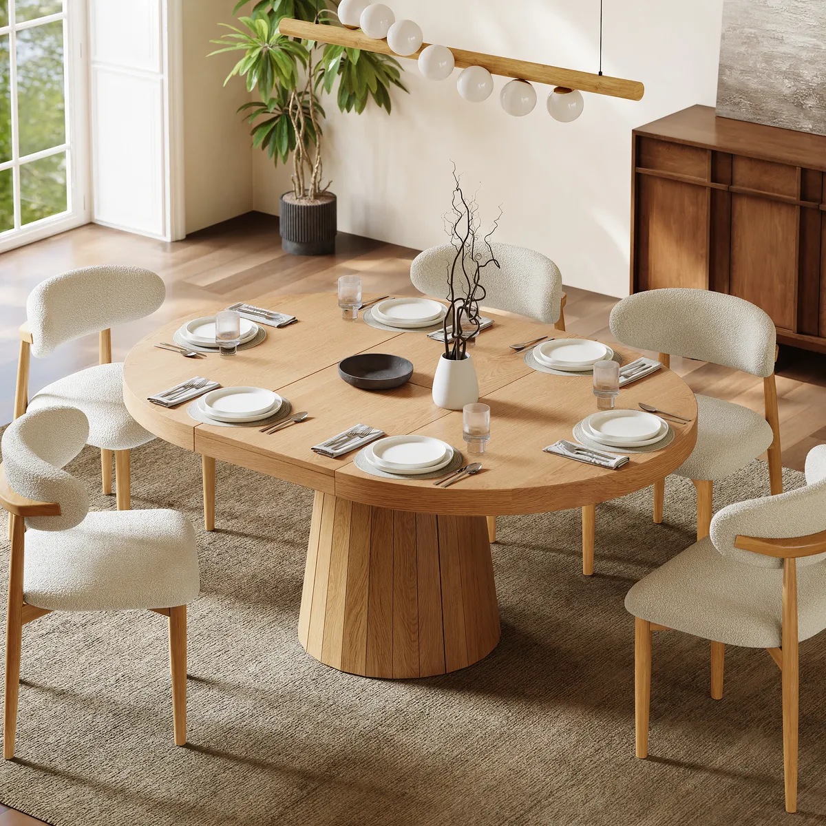 Japandi 39"-55" Extendable Dining Table for 6 White Oval&Round Table Pedestal — image 3