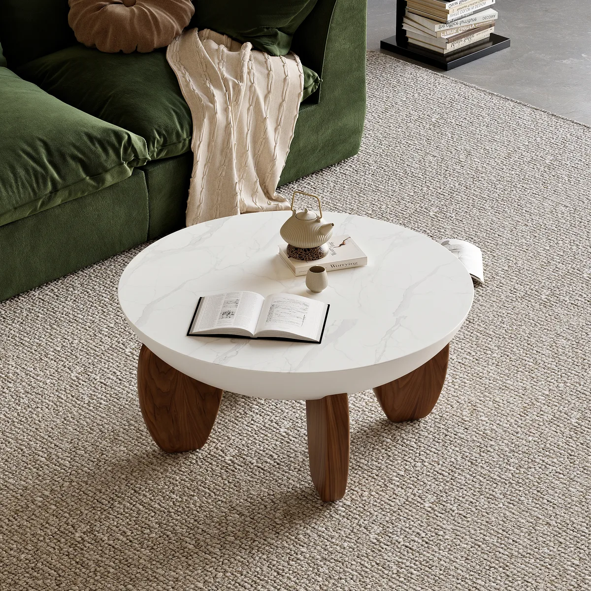 Curva Round Concrete Walnut Coffee Table with Wood Legs — image 6