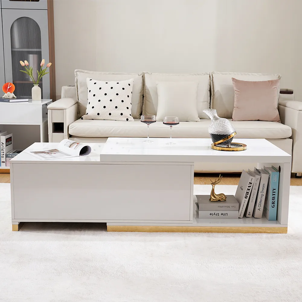 Living Room Cabinet Set Rectangle Glossy White Extendable TV Stand & 70.8" Glossy White Coffee Table Set — image 9