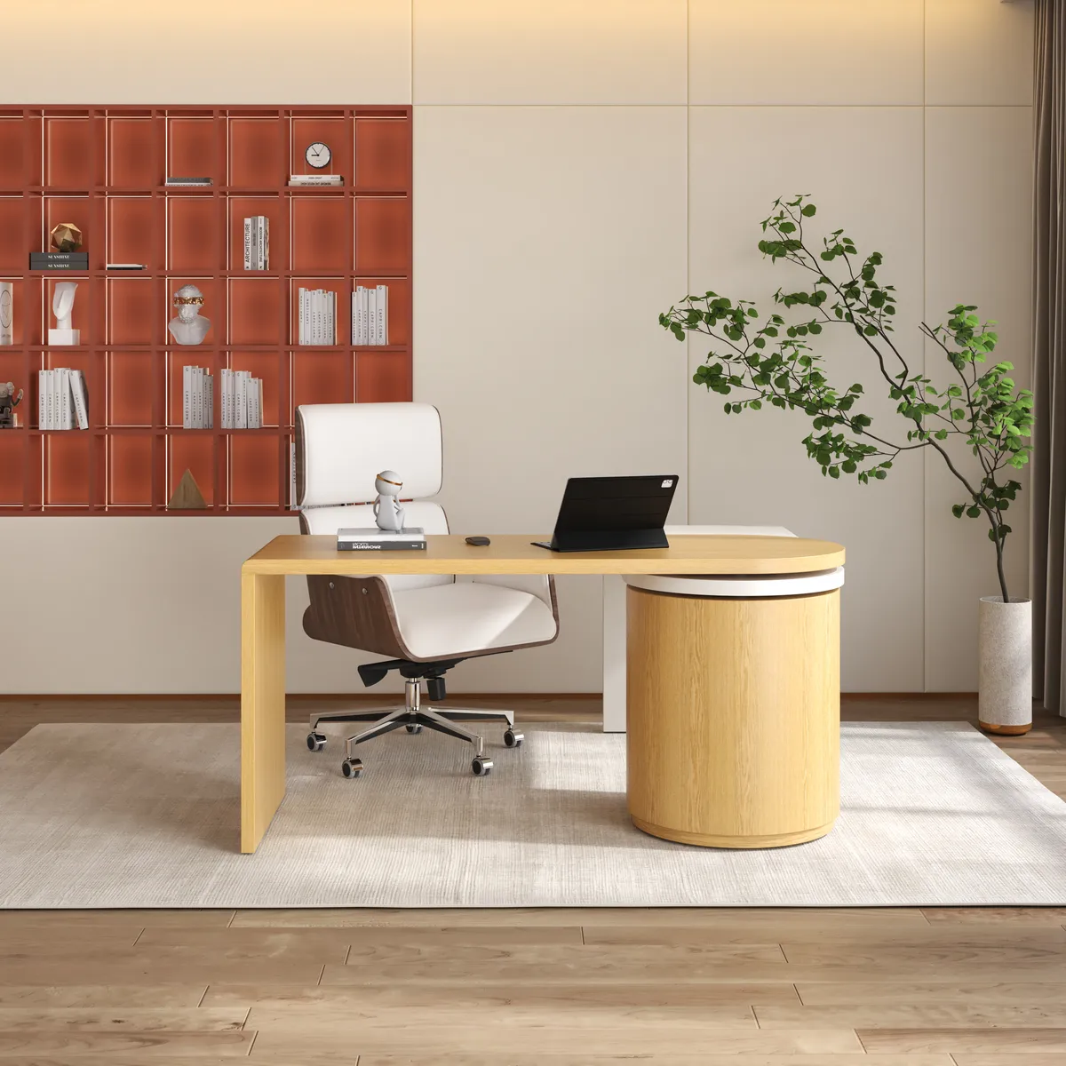 Modern Wash White L Shaped Desk & Off White Home Office Chair Set Upholstered Swivel — image 4