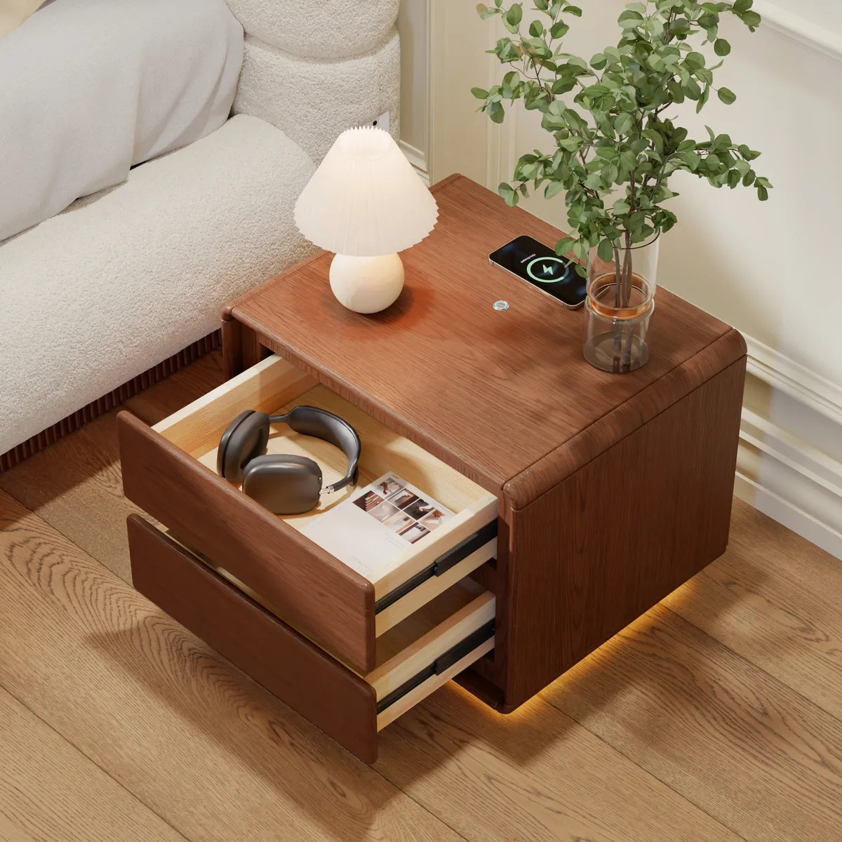 Haloa Walnut 3-Drawer LED Nightstand with Charging Station — image 6