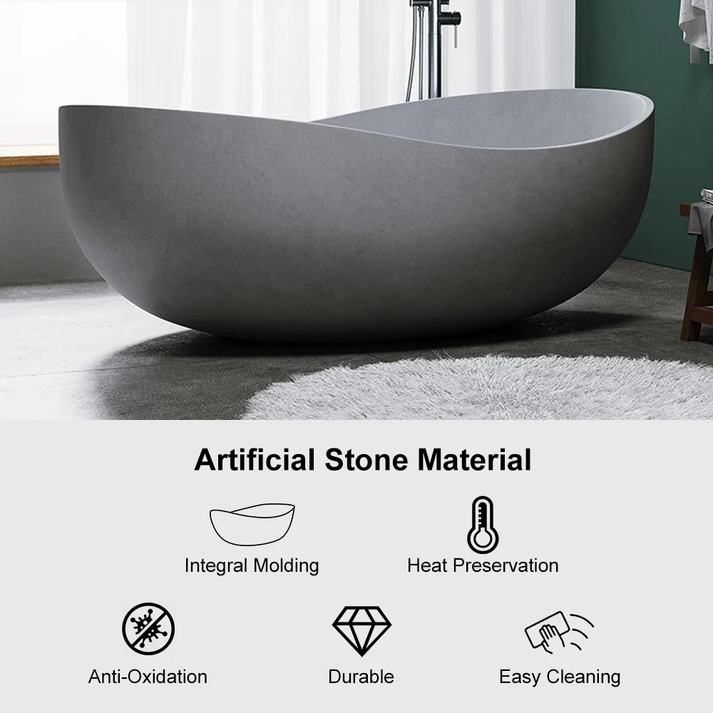 63" Industrial Concrete Soaking Bathtub Oval Cement Freestanding Bathtub — image 4