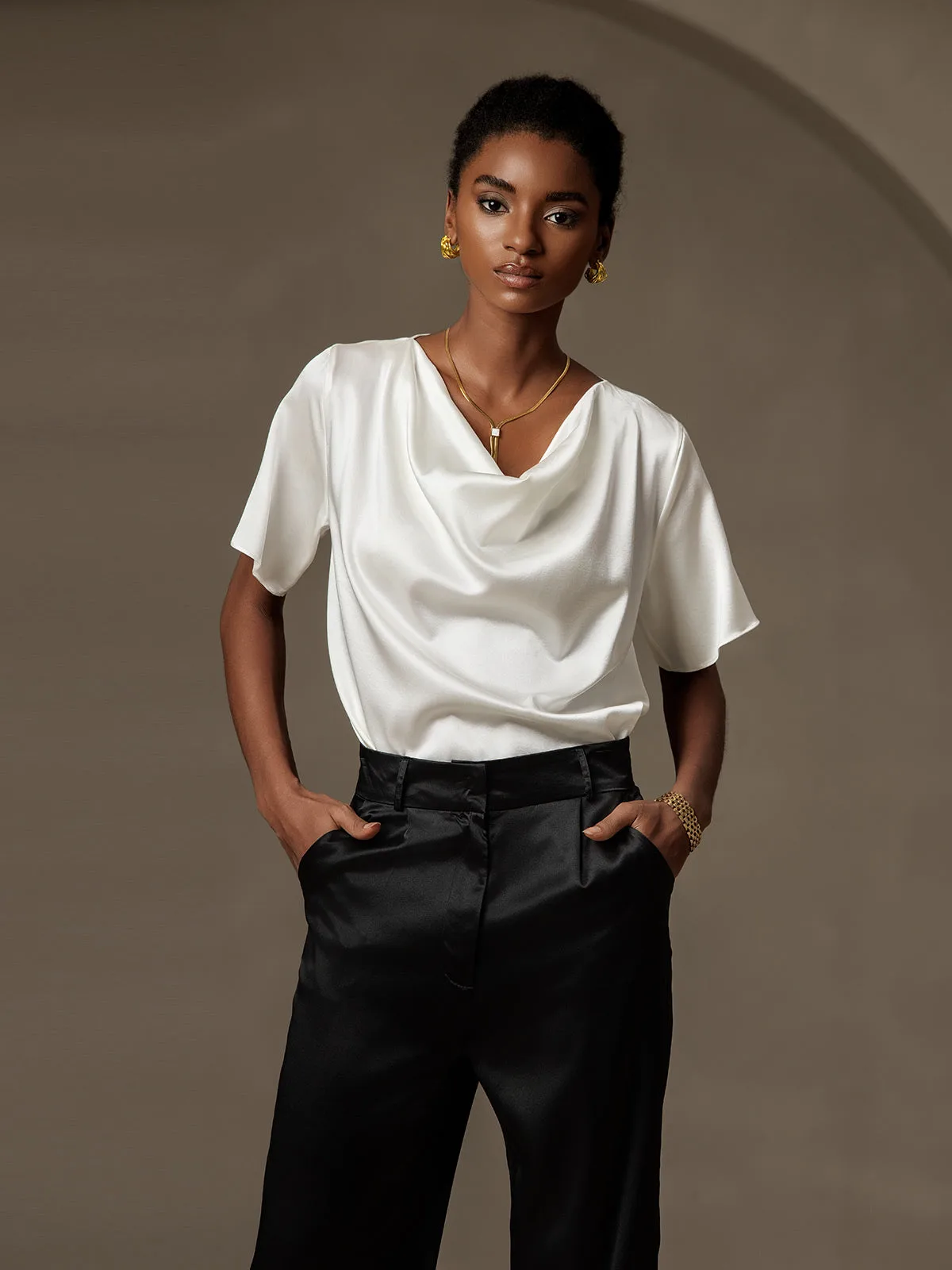 19Momme Women's Silk Short Sleeve Cowl Neck T-Shirt