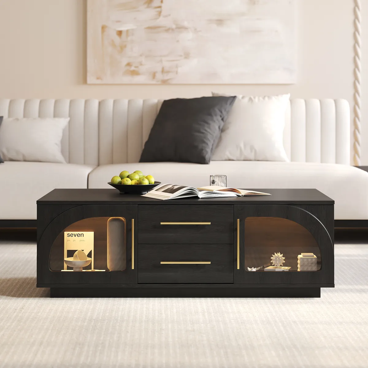 Arune 72" Japandi Whitewash TV Stand Coffee Table Set with LED Lights and Arched Glass Cabinet Doors — image 16