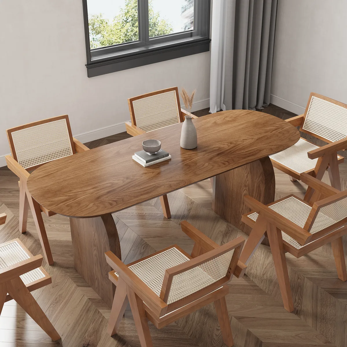 Dining Table Set 70.9" Oval Solid Wood Dining Table & 4 Walnut Japandi Rattan Dining Chairs — image 12