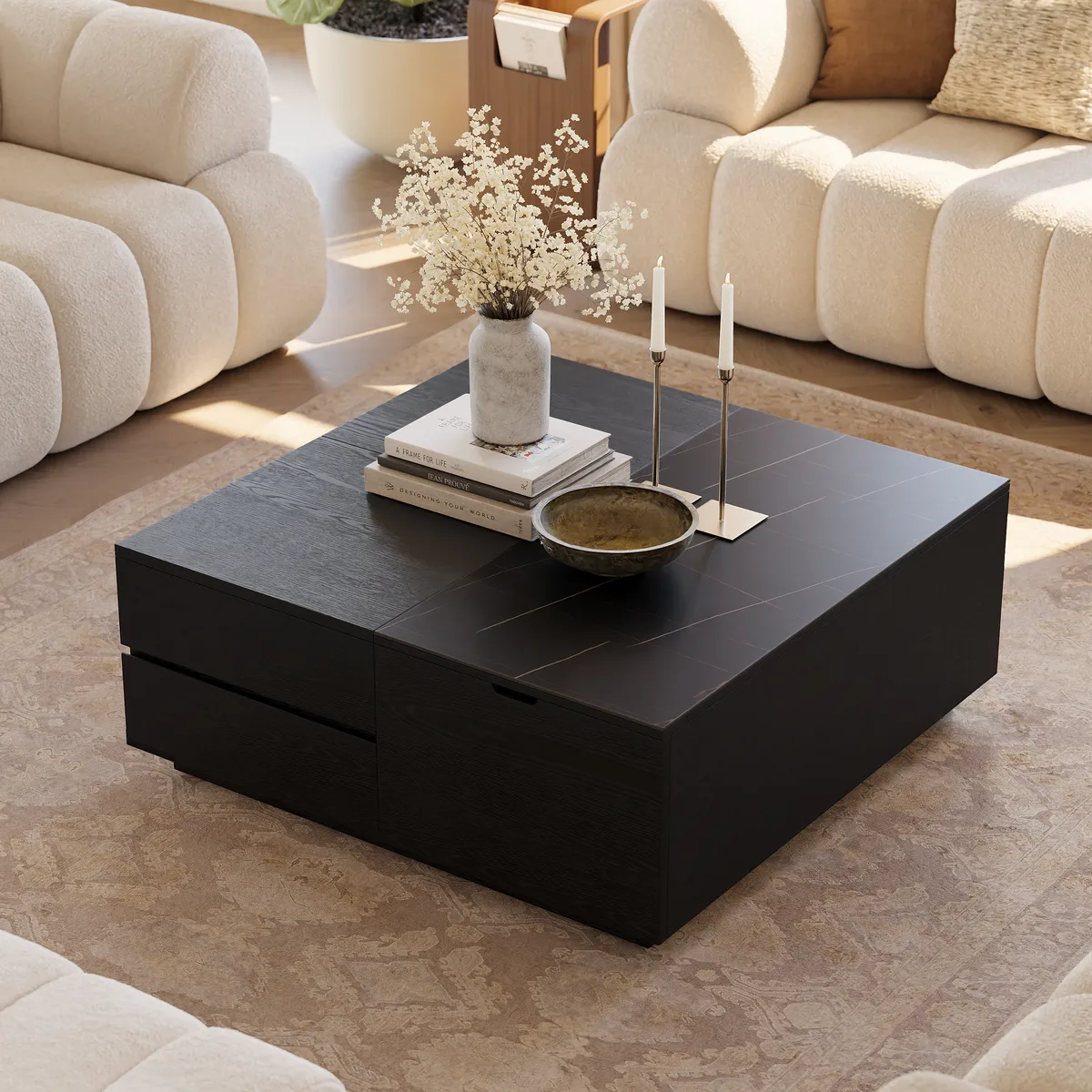 39" Square Lift-Top Wood Travertine Veneer Sintered Stone Top Coffee Table with Storage — image 4