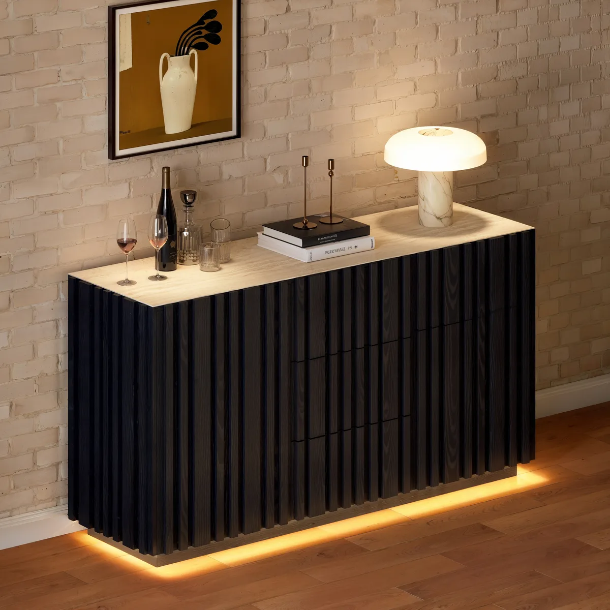 Aura 60" Faux Travertine Top Buffet Sideboard with Ash Wood Slatted Panels & Light — image 2