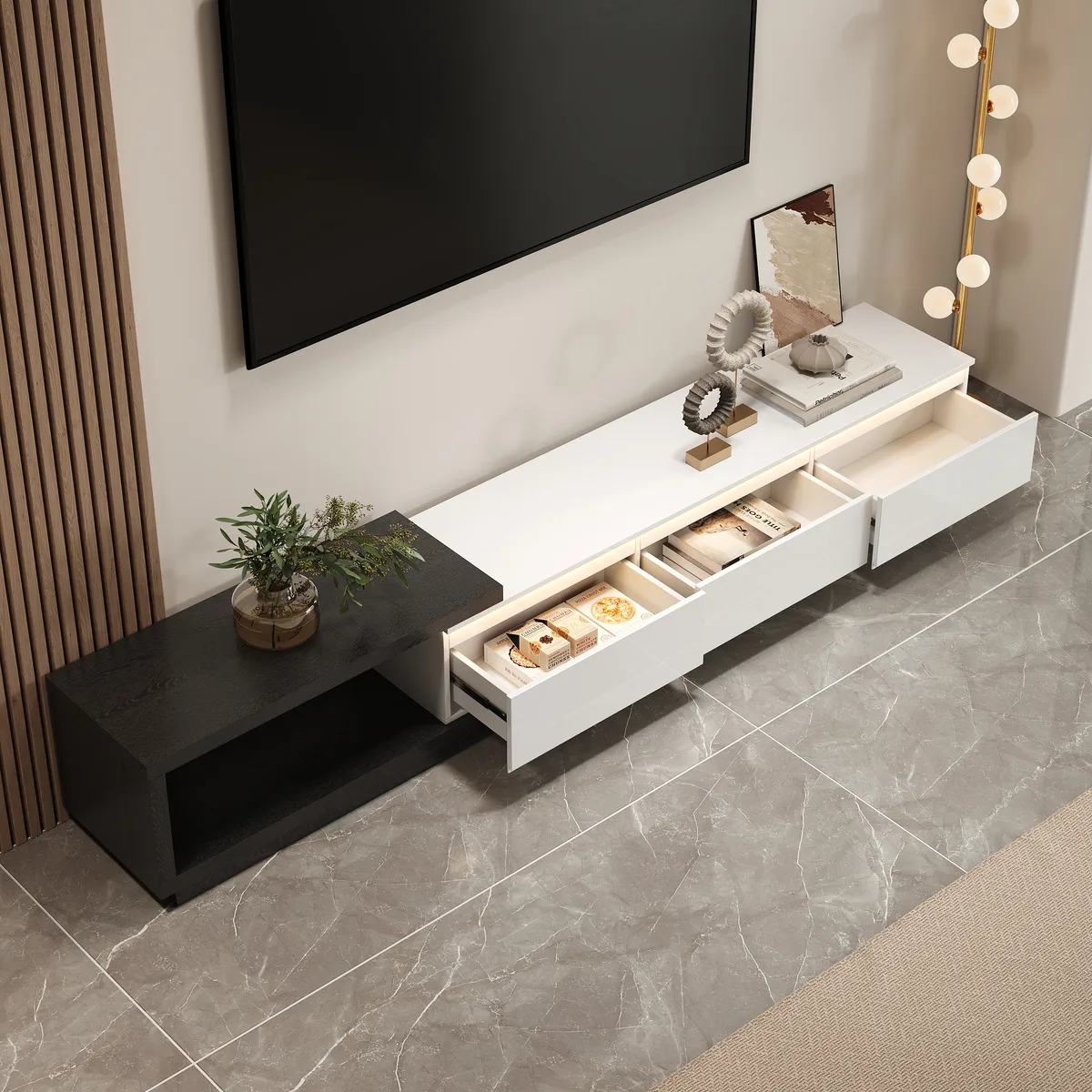 Quoint 100.4" Modern TV Stand Retracted & Extendable 3-Drawer Light Media Console — image 28