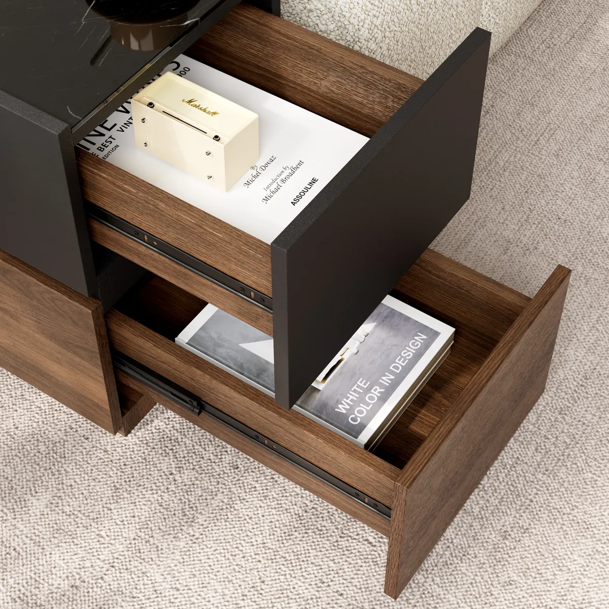 Travertine Stone Top Narrow Smart Side Table with Storage Modern Walnut End Table with USB Charging — image 9