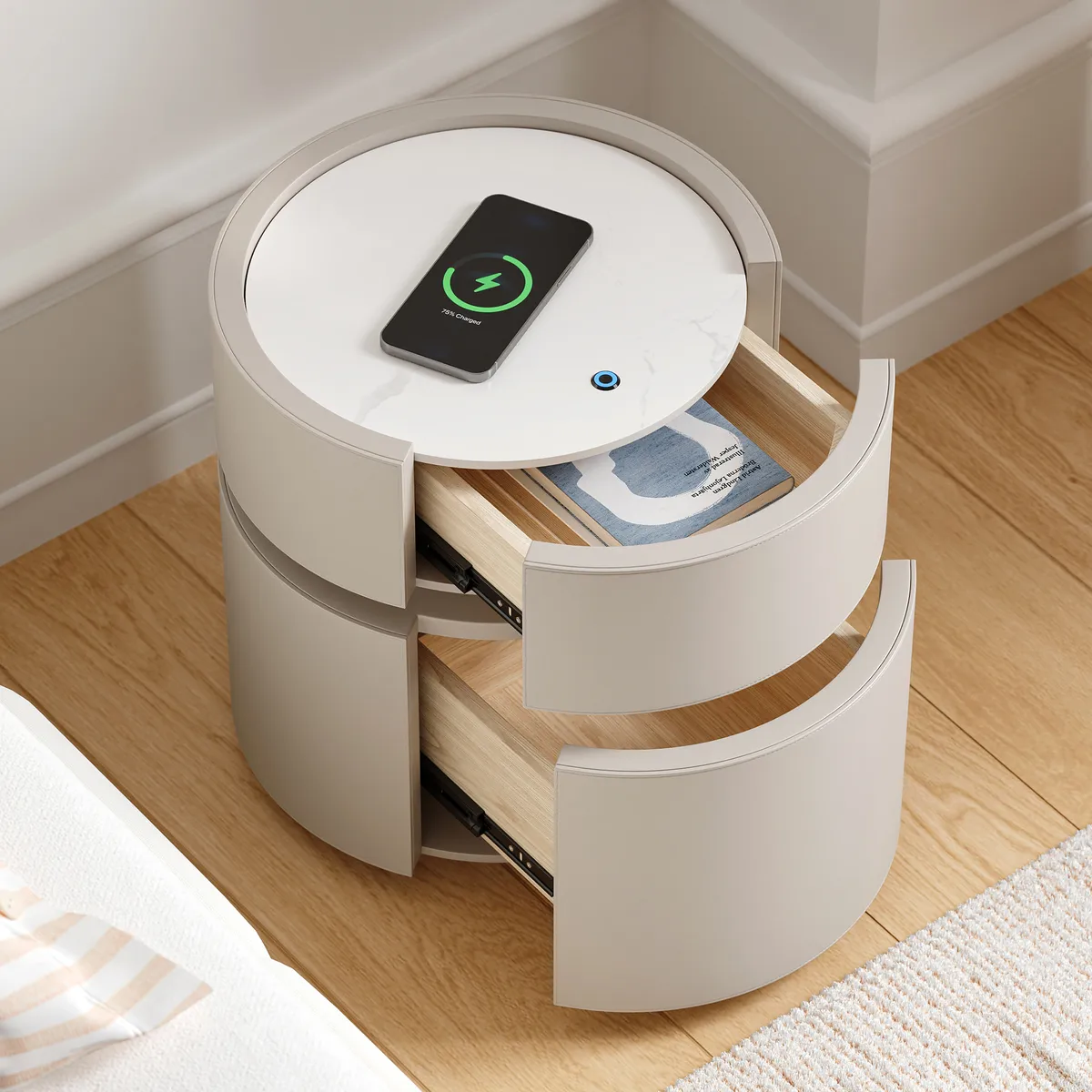 Round Saddle Leather Nightstand with Wireless Charging Bedside Table — image 3