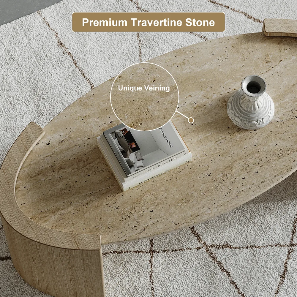 43" Japandi Oval Travertine Stone Top Coffee Table — image 7