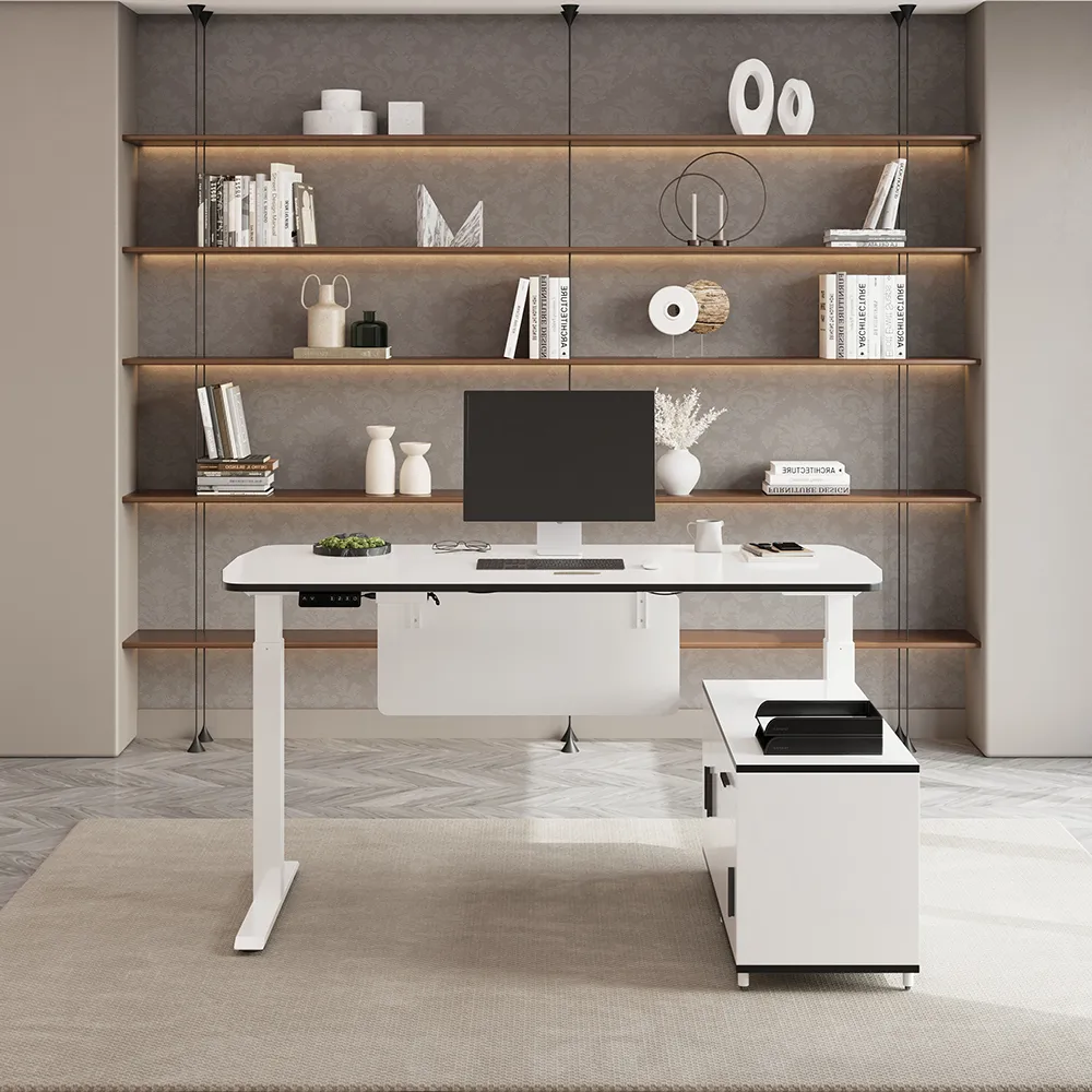 L Shaped Executive Office Desk Standing Desktop with 3 Doors & Drawer White Office Furniture Left Hand(63") & Office Chair Set — image 4