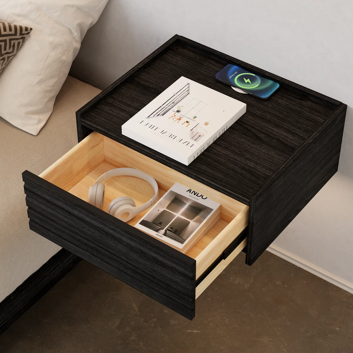 Wooden Floating Nightstand Modern Bedside Table with Charging Station Japanese Style — image 10