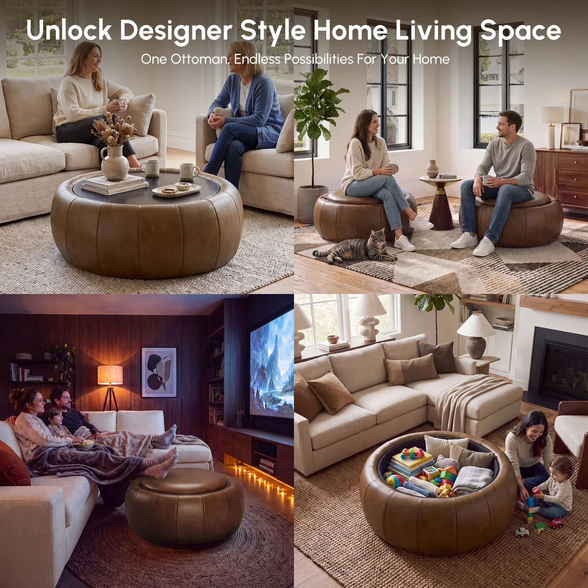 Modern 39" Round Performance Leather Ottoman Coffee Table with Hidden Storage — image 26