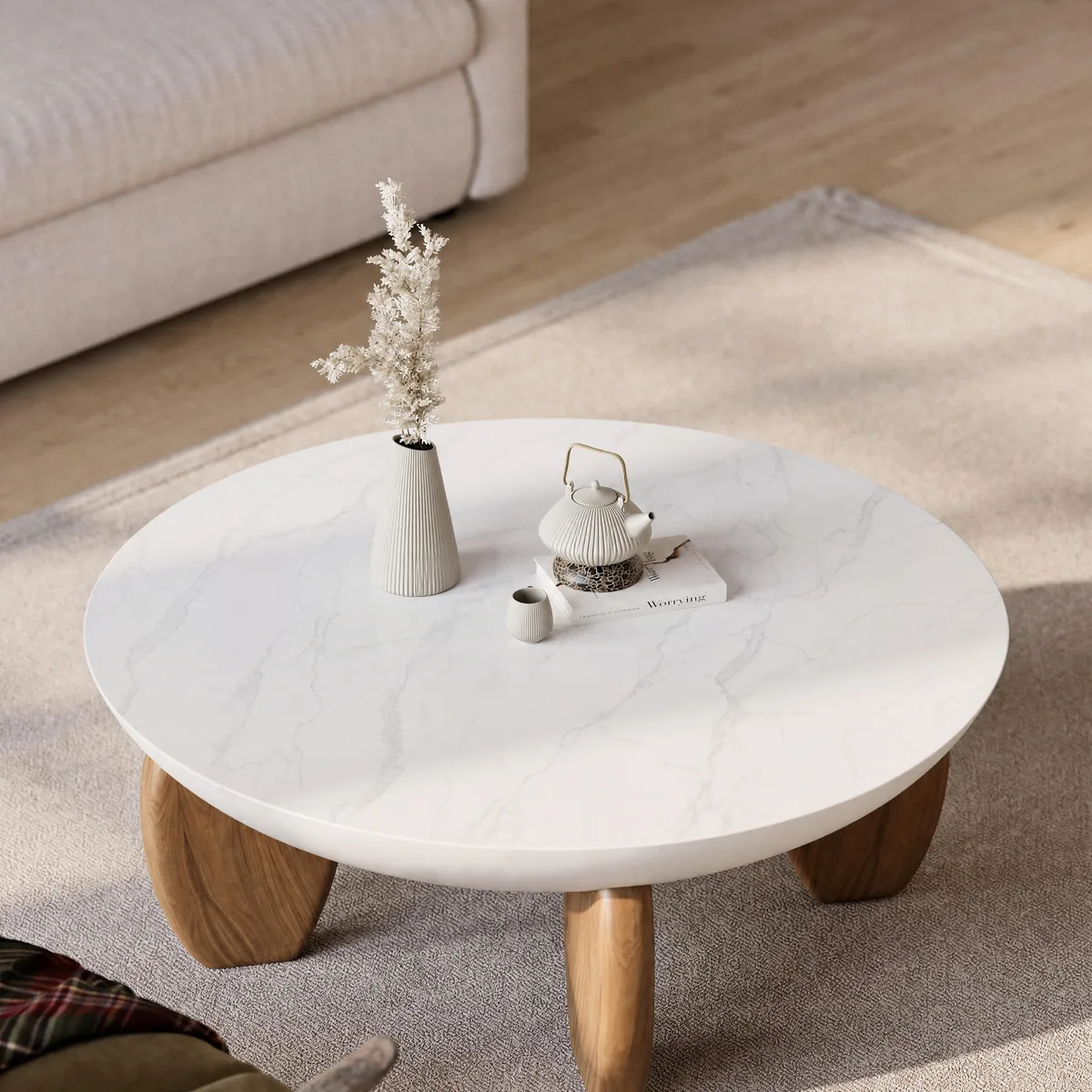 Curva Round Concrete Walnut Coffee Table with Wood Legs — image 13