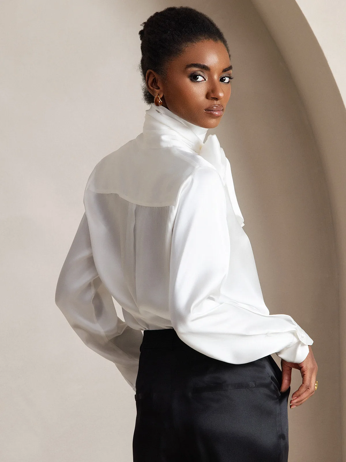 19Momme Silk Long Sleeve High Neck Bow Tie Blouse — image 4