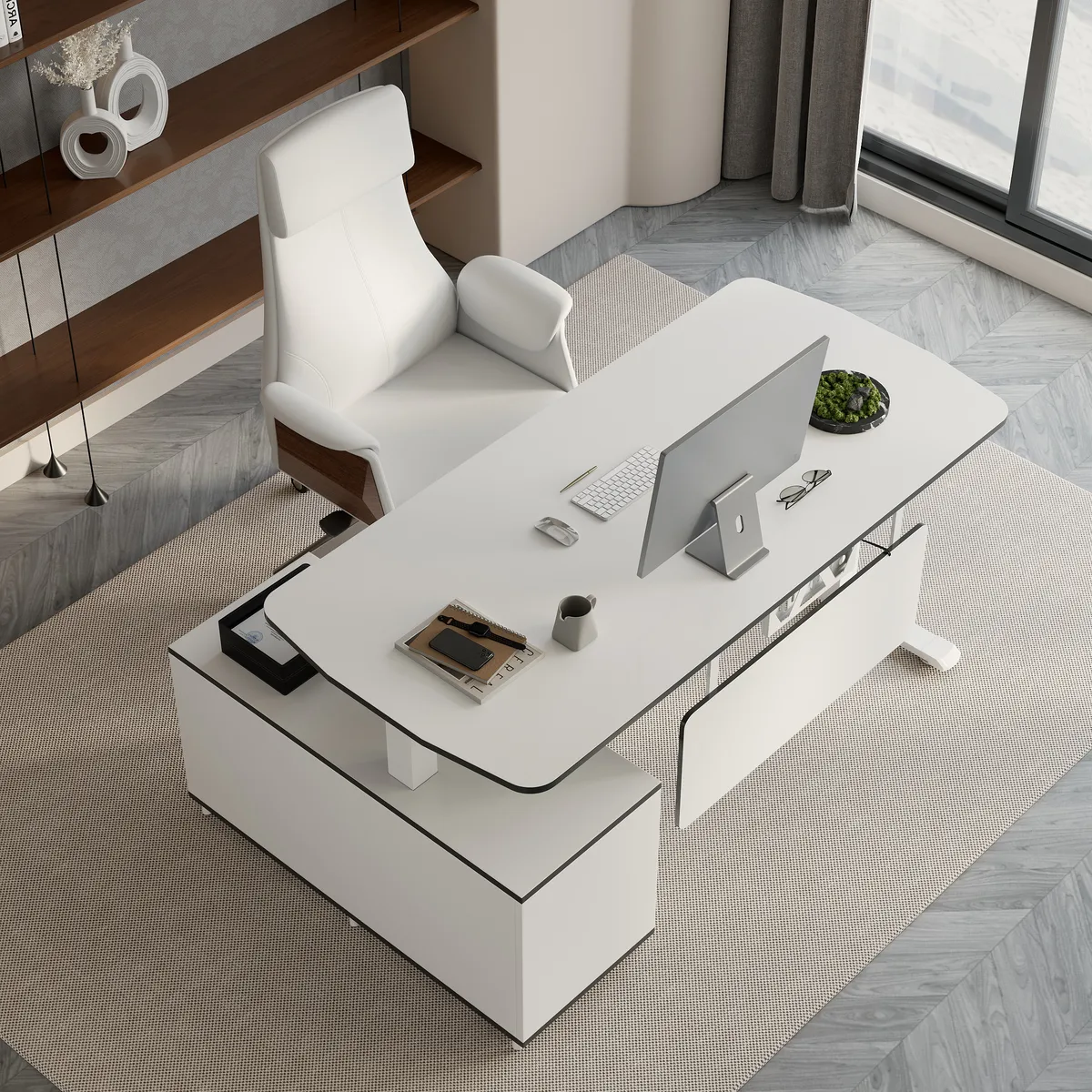 L Shaped Executive Office Desk Standing Desktop with 3 Doors & Drawer White Office Furniture Left Hand(63") & Office Chair Set — image 3