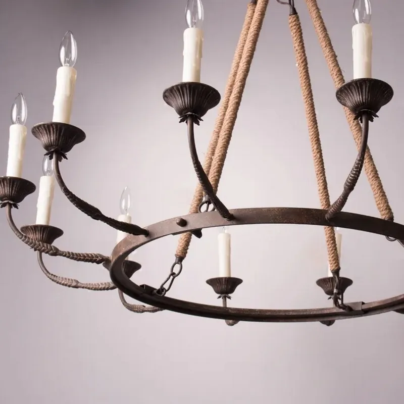 Bever Vintage 12-Light Candelabra Wagon Wheel Chandelier with Flaxen Hemp Rope — image 6