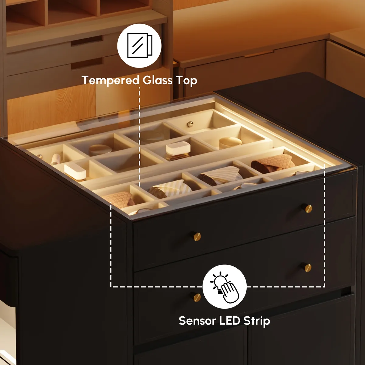 Selvo Saddle Leather Closet Island with Glass Top & Light — image 8