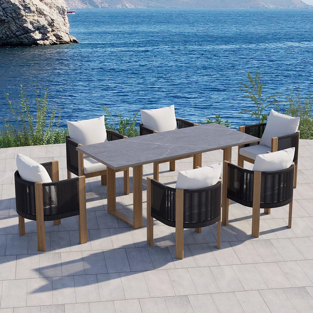 7 PCS 70.9" Faux Marble Outdoor Dining Table Set with Woven Rope Chairs in Gray for 6 Person Patio & Yard Large Marble Outdoor Dining Table with Chair — image 4