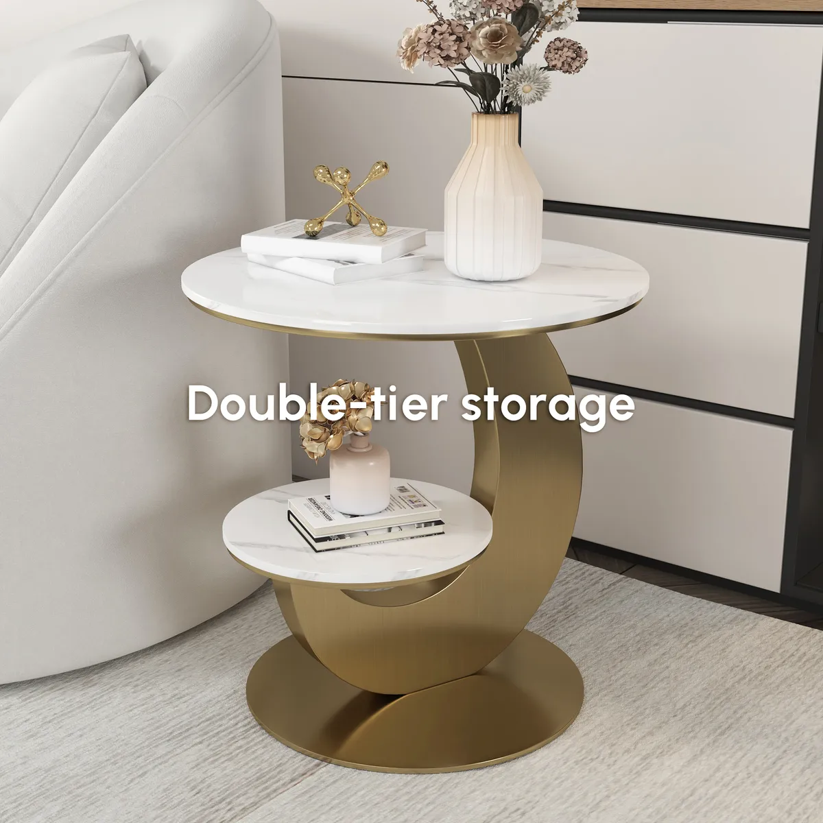 Round Faux Marble 2 Tier End Table Modern White & Gold Side Table — image 17