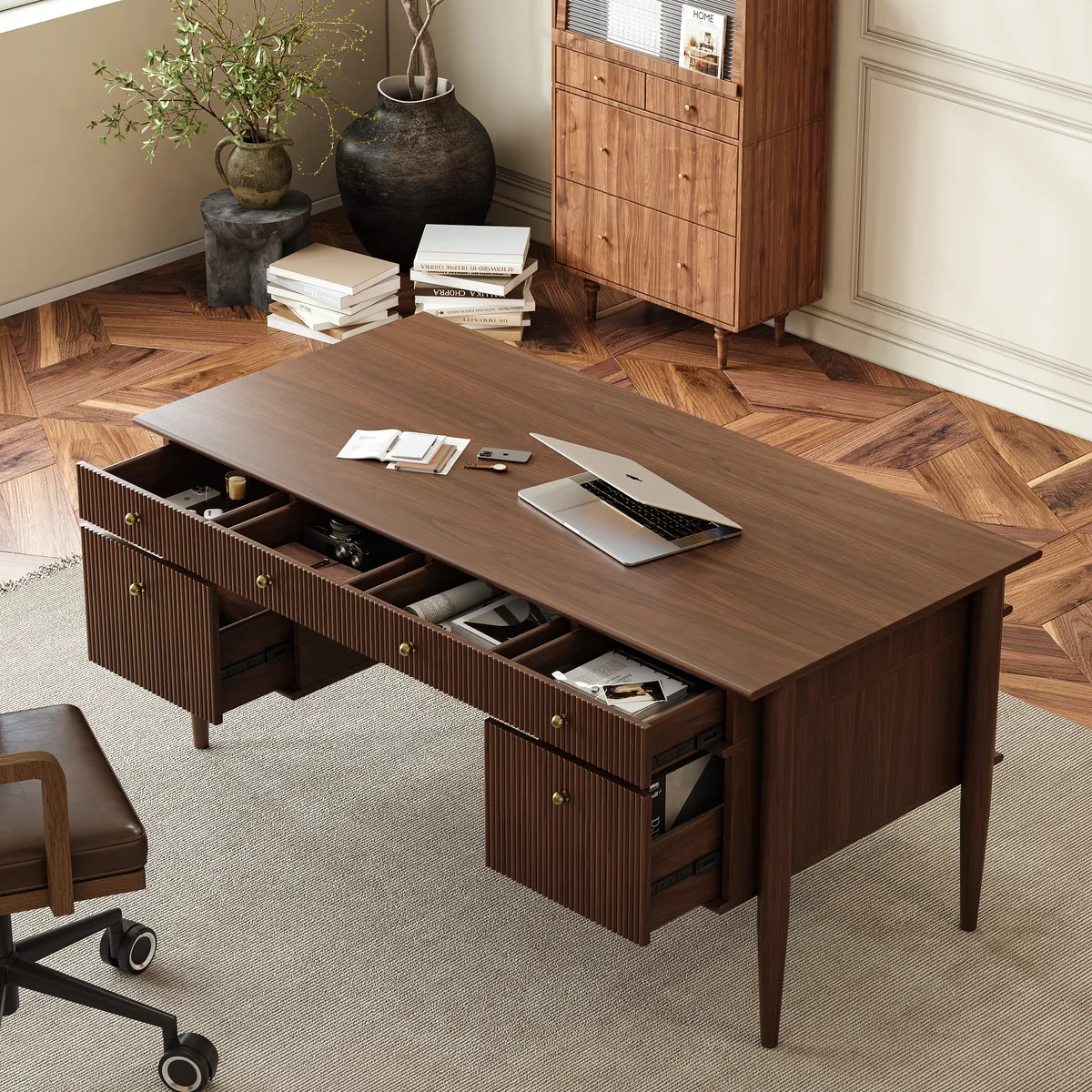 Mid-Century Solid Wood Home Office Desk with 6 Drawers — image 21