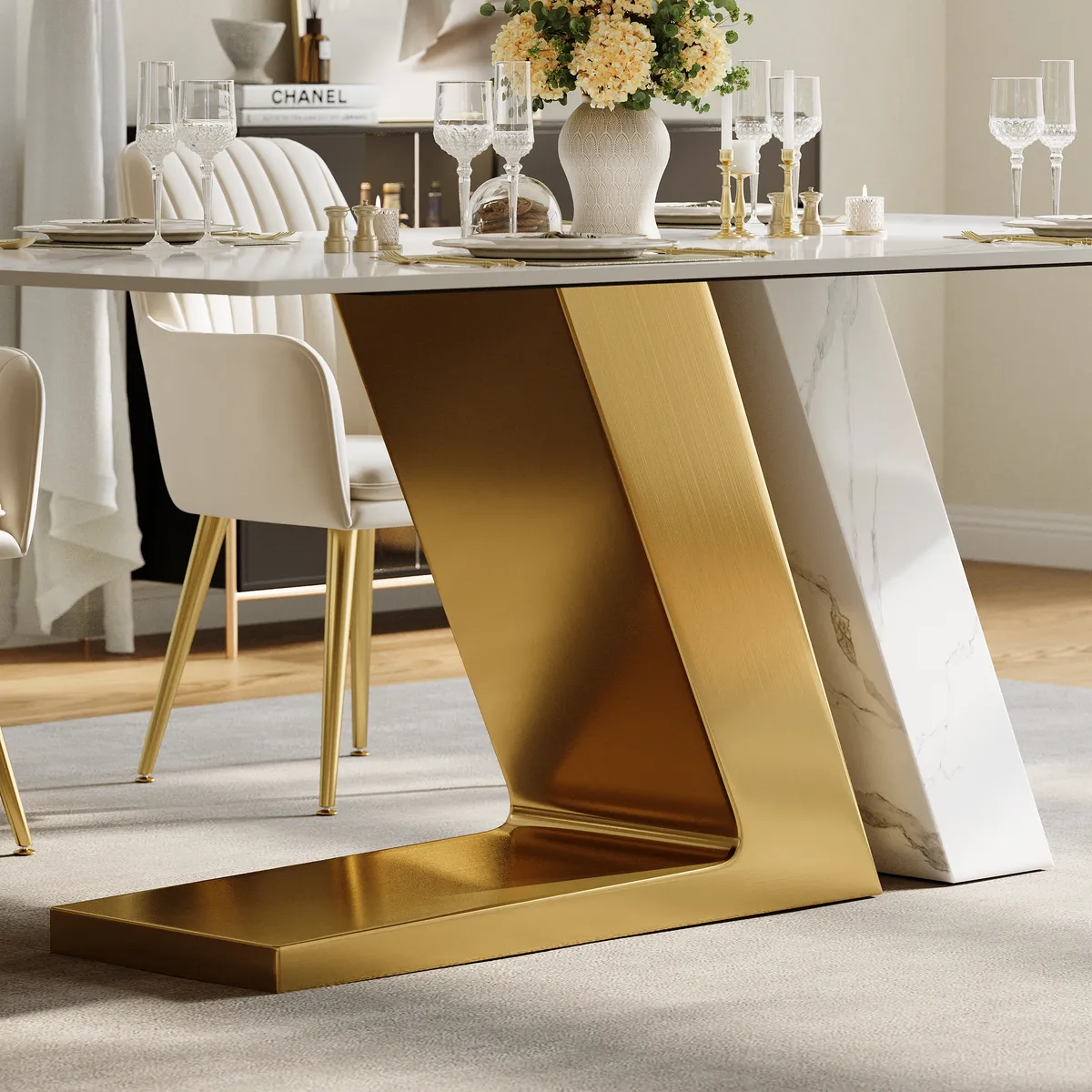 Modern 63" Rectangle Faux Marble Dining Table with 4 Chairs — image 20